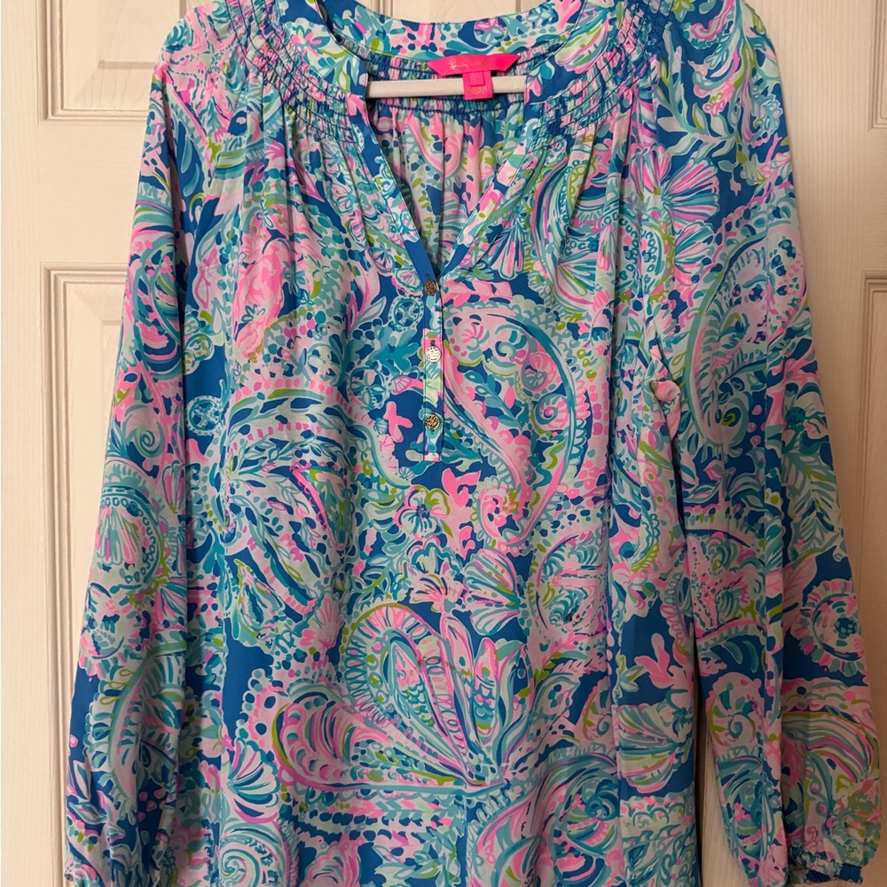 Lilly Pulitzer Blue Ruffled Long Sleeve Blouse